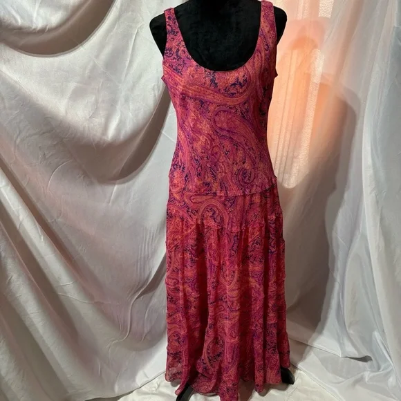Jones Wear Maxi Pink Layers Chiffon Bias Cut Paisley Print Dress Sz:12 Y2K - Picture 1 of 10